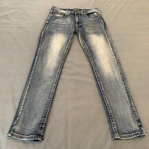 True Luck Jeans Mens 31x32 Blue Wash Straight Distressed Stretch Denim Pants Y2K